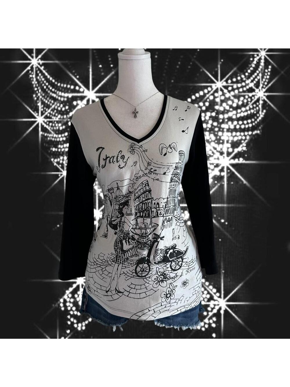 euro y2k storybook travel sketch black and white raglan